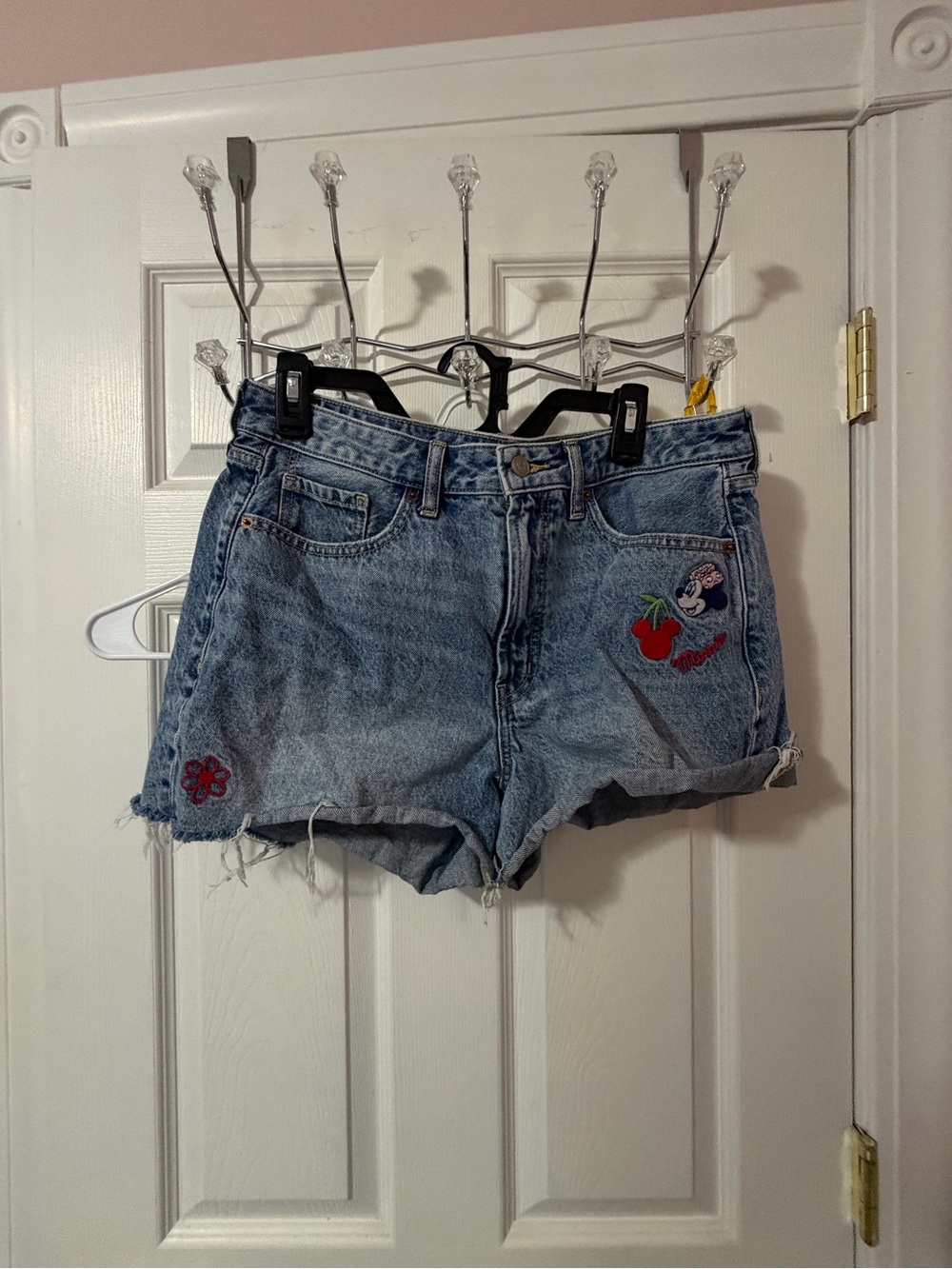 Old Navy Light Blue Denim Women's Jean Shorts with Embroidered Patches Disney